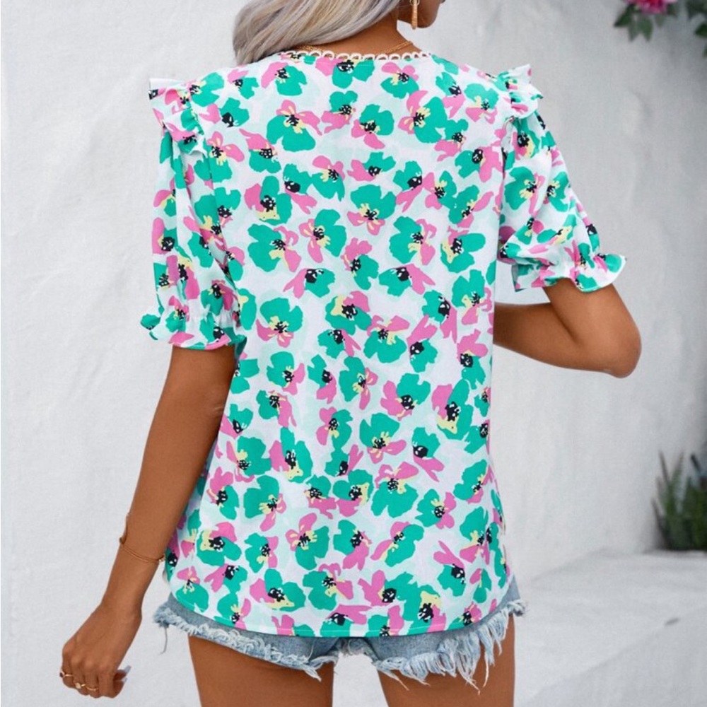 SHEIN Floral Print Lace Ruffle Trim Puff Sleeve Blouse Medium Pink Green White - Picture 3 of 3